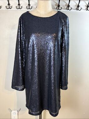FRNCH Navy Sequin Sequin Long Flare Sleeve Shift Dress Size Large